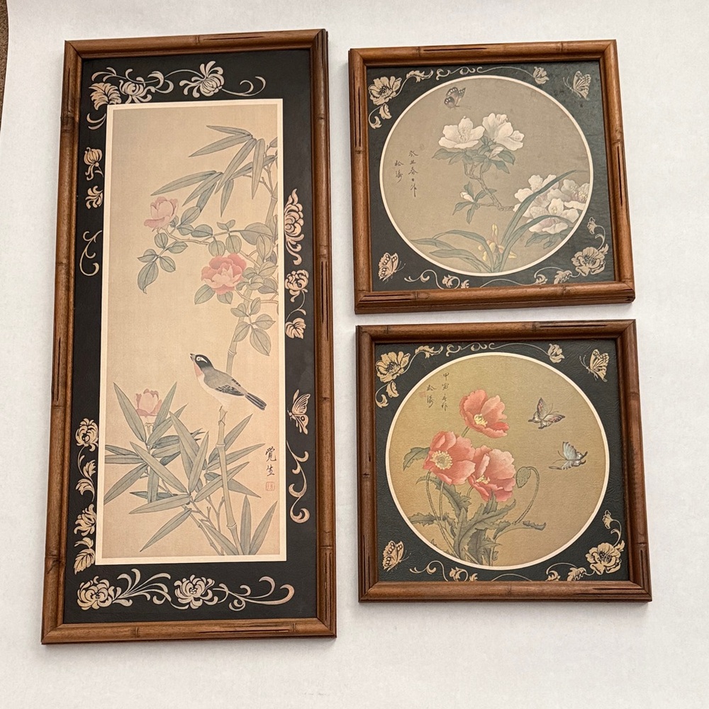 Set of 3 Framed Botanical & Bird Prints in Brown Bamboo Wood Frames